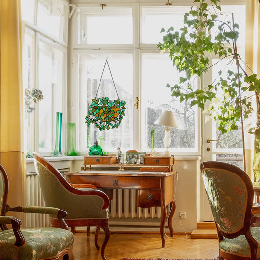 13"W Hanging Plant Tiffany-Style Stained Glass Panel