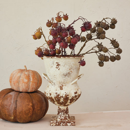 Metal Urn, Distressed Finish, Cream Color (Each One Will Vary)