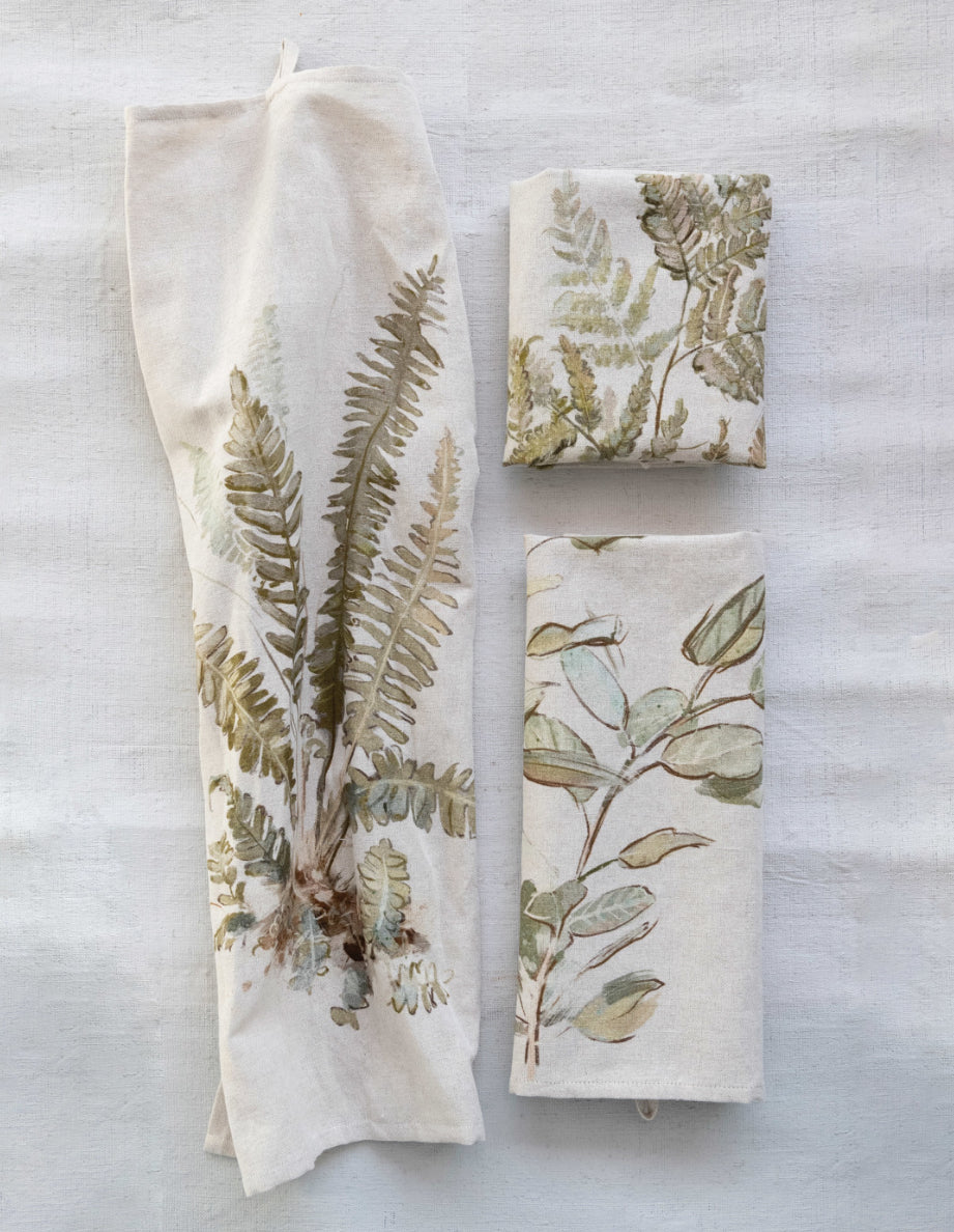 Cotton & Linen Printed Tea Towel With Botanical Image