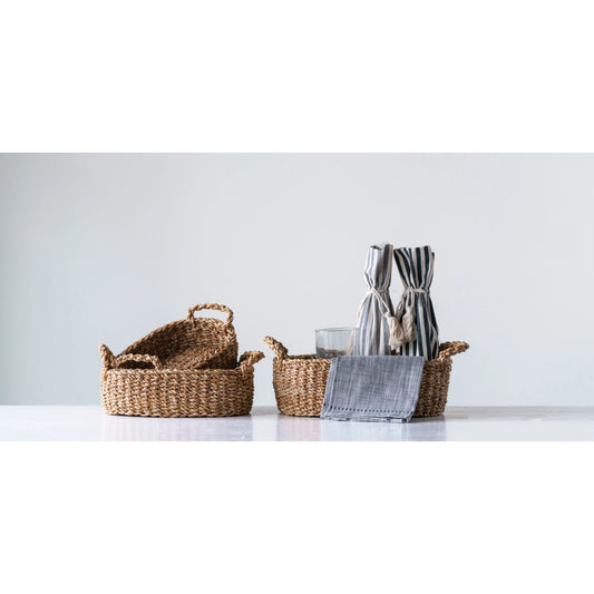 Hand woven baskets with handles, set of 3